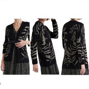 Lucky BRAND Wool Blend Black Open Cardigan Metallic Gold Leaf Motif‎ Sz S